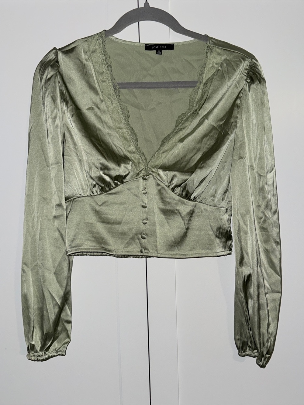 Love Tree Satin Olive V-Neck Cropped Blouse